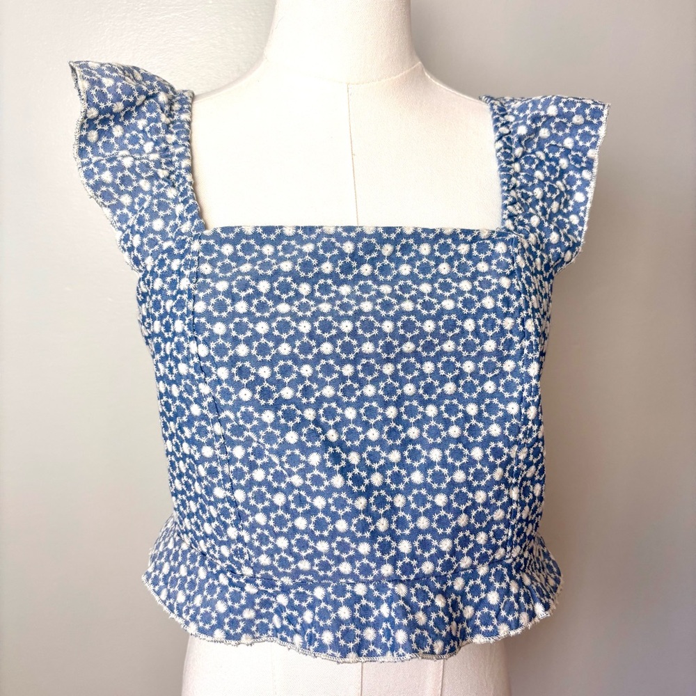 Kiriois Blue Floral Cottage Core Tie Back Crop Top Ruffle BoHo Sz Small